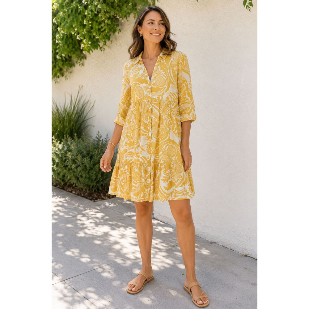 Mlle Gabrielle Yellow White Floral Shirt Dress XL Button Front Ruffle Hem